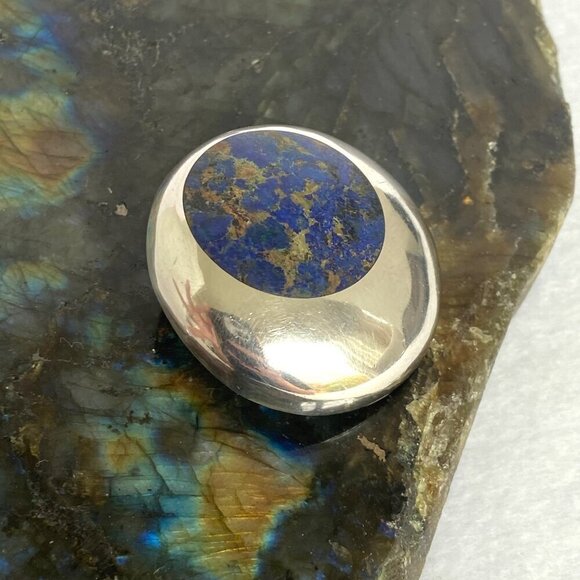 VTG Sterling Silver 950 Mexico Chunky Round Lapis Lazuli Inlay Pendant Brooch - Picture 3 of 16